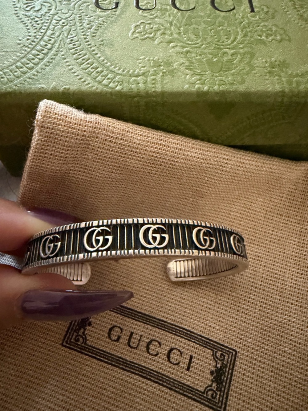 Gucci Silver-Tone Double G Patterned Open Cuff Bracelet